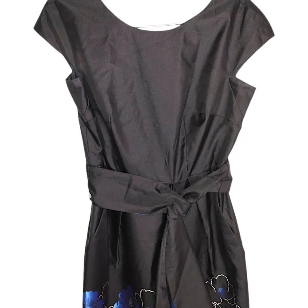 ALEX Womens Dress Sz‎ 6 Evenings Black Blue Floral Sheath Cap Sleeves Taffeta